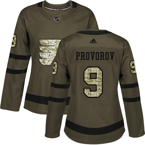 Adidas Flyers #9 Ivan Provorov Green Salute to Service Women's Stitched NHL Jersey - Click Image to Close